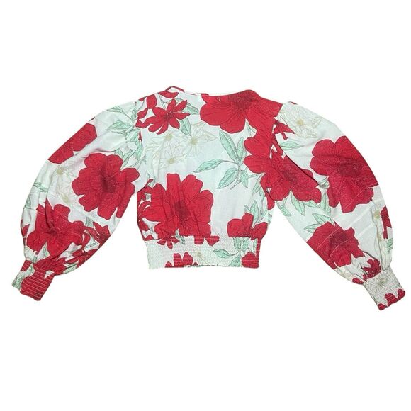BOG Collective Blouse Crop Top Women S Red Cream Floral Shimmer Balloon Sleeve - Picture 7 of 10